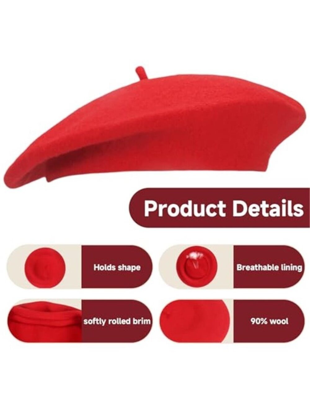 French Wool Beret Hats Solid Color Classic Beanie Winter Red Cap Painter Berets - Picture 9 of 16